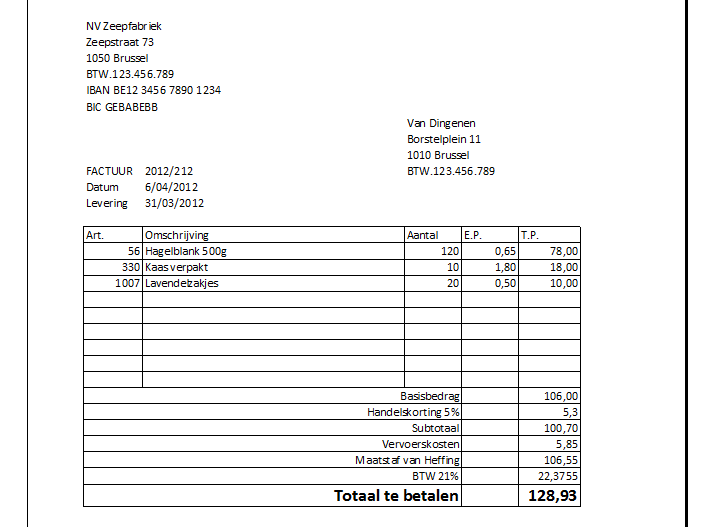 Factuur voorbeeld met 1 BTW tarief